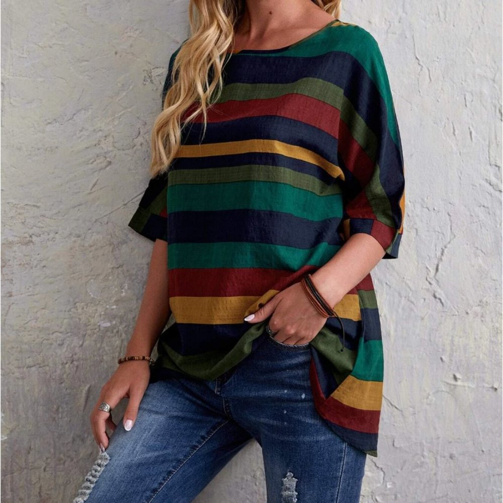 Color block Striped Print Half Sleeve Blouse - Picture 4 of 6